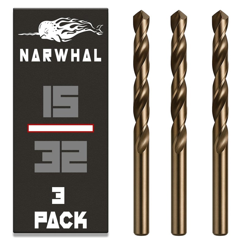 Narwhal 15/32 Inch Cobalt Drill Bits (3 Pack - Industrial Grade M35 Cobalt) 6" Length & 135 Degree Split Point for Drilling Into Metal, Hardened & Stainless Steel, Cast Iron, & More! - Image 1